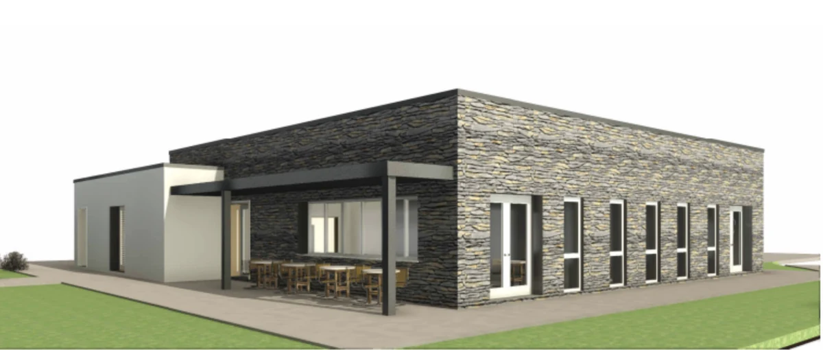 Architectural visual of Rylane Community Centre showing the covered terrace and stone-clad facade